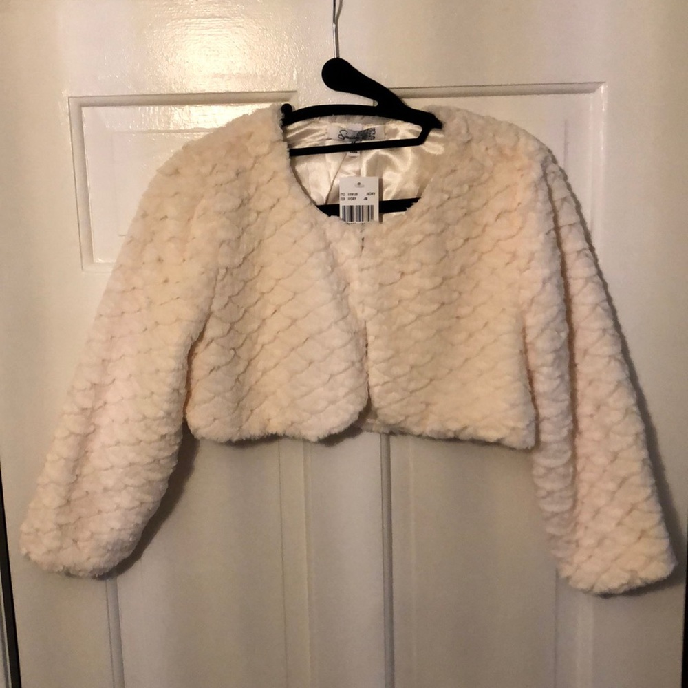 White faux fur shrug